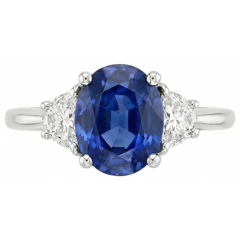 Oval Cut Sri Lanka Sapphire & Natural Earth Mined Diamond 3 Stone Ring 2 Carats WG 14K