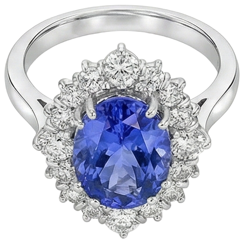 Oval Cut Tanzanite With Round Natural Earth Mined Diamonds 5.20 Ct Ring White Gold 14K