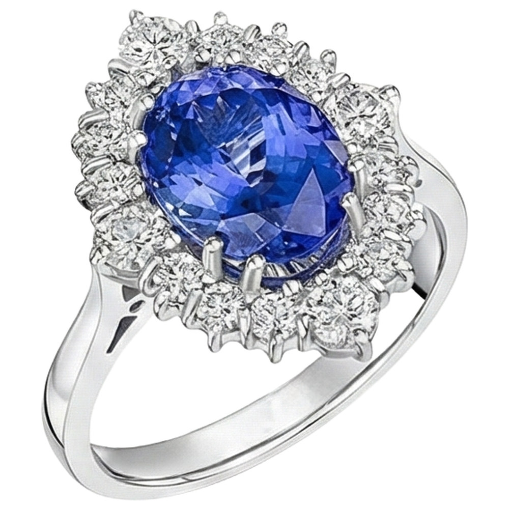 Oval Cut Tanzanite With Round Natural Earth Mined Diamonds 5.20 Ct Ring White Gold 14K