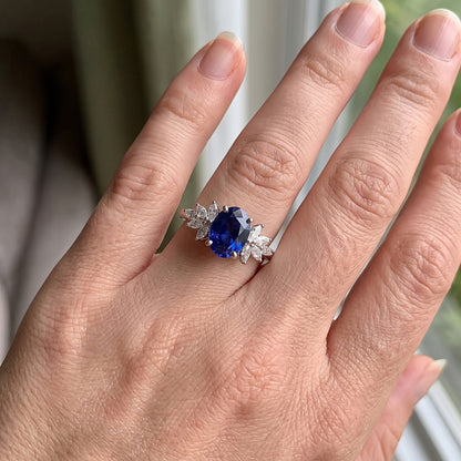 Oval Gemstone Blue Sapphire Ring With Marquise Natural Earth Mined Diamonds 3.50 Carats