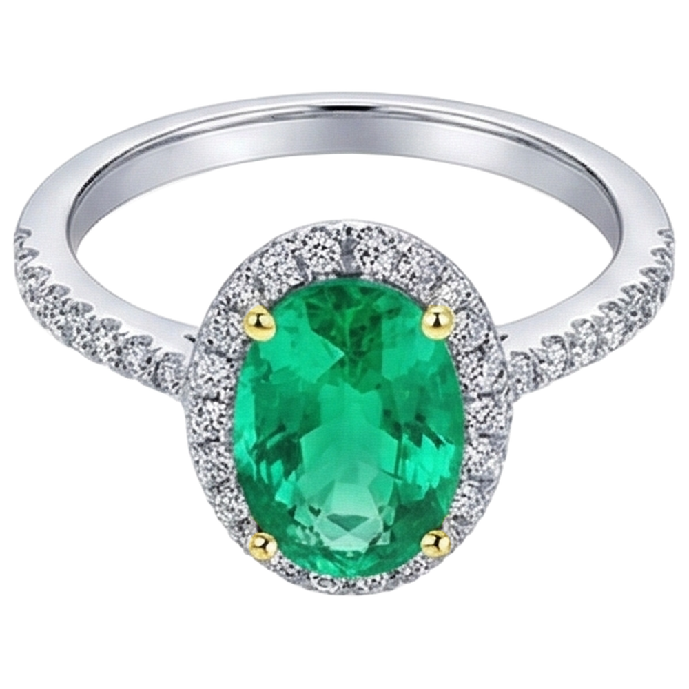 Natural Real ( Not Lab Grown ) Oval Gemstone Halo Ring Green Emerald GIA Round Diamonds