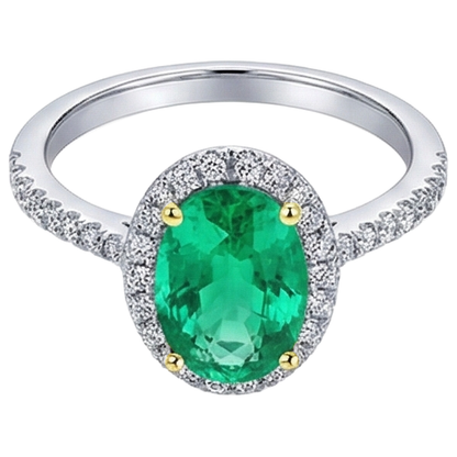 Natural Real ( Not Lab Grown ) Oval Gemstone Halo Ring Green Emerald GIA Round Diamonds