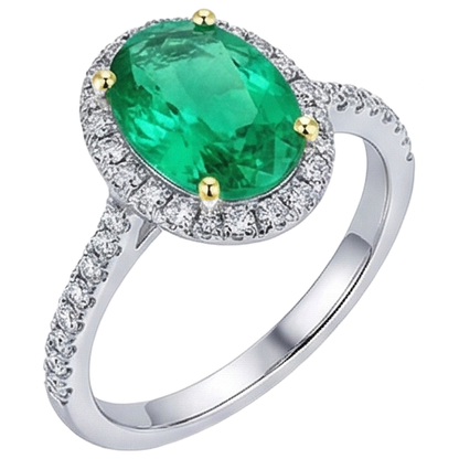 Natural Real ( Not Lab Grown ) Oval Gemstone Halo Ring Green Emerald GIA Round Diamonds