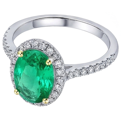 Natural Real ( Not Lab Grown ) Oval Gemstone Halo Ring Green Emerald GIA Round Diamonds