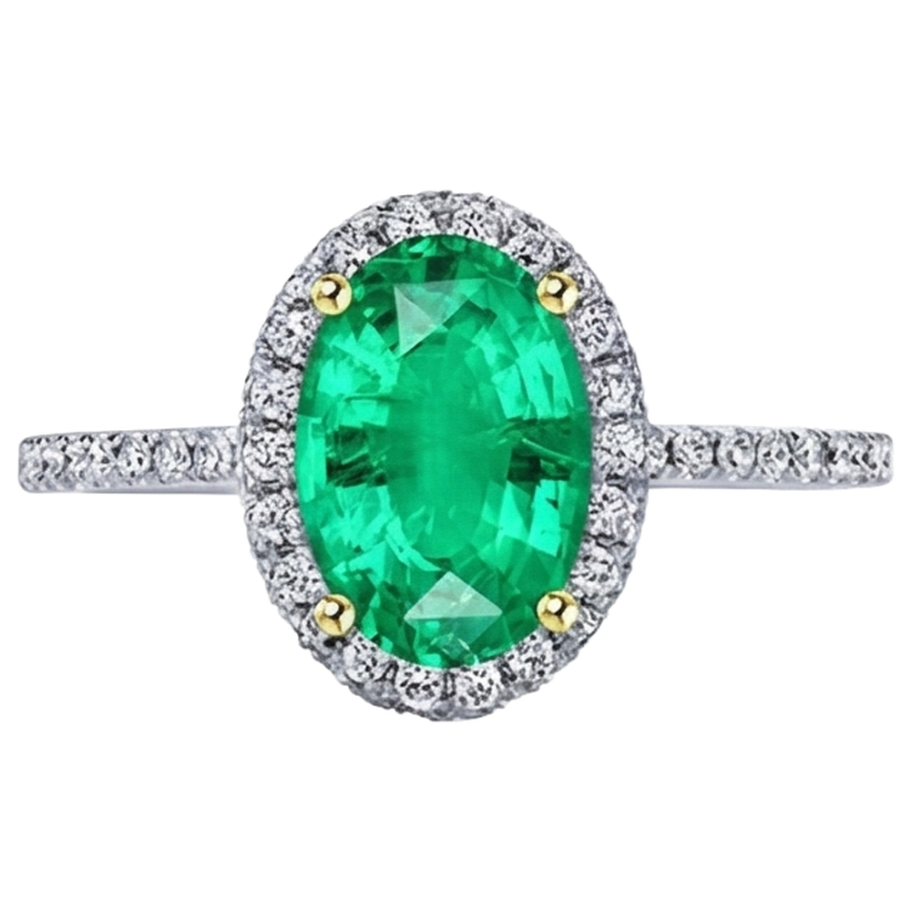 Natural Real ( Not Lab Grown ) Oval Gemstone Halo Ring Green Emerald GIA Round Diamonds