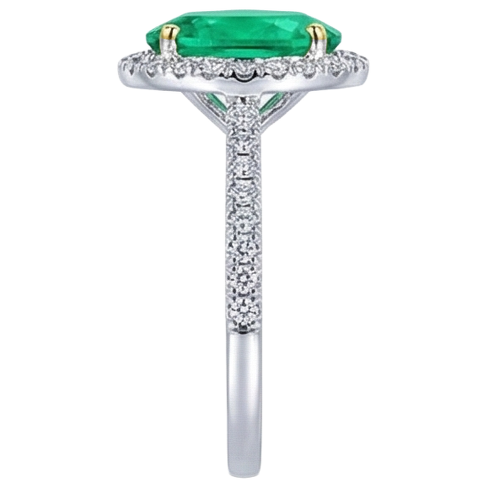 Natural Real ( Not Lab Grown ) Oval Gemstone Halo Ring Green Emerald GIA Round Diamonds