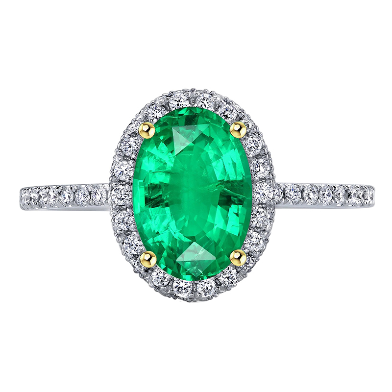 Oval Gemstone Halo Ring Green Emerald Round Diamonds