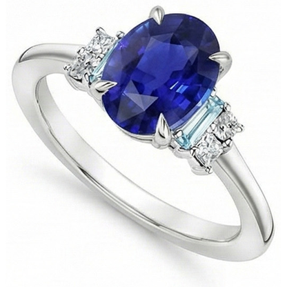 Natural Real ( Not Lab Grown )  Oval Gemstone Ring Ceylon Sapphire Jewelry With Accents 4 Carats Gold