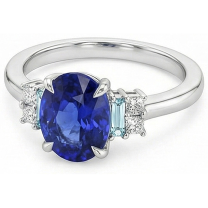 Natural Real ( Not Lab Grown )  Oval Gemstone Ring Ceylon Sapphire Jewelry With Accents 4 Carats Gold