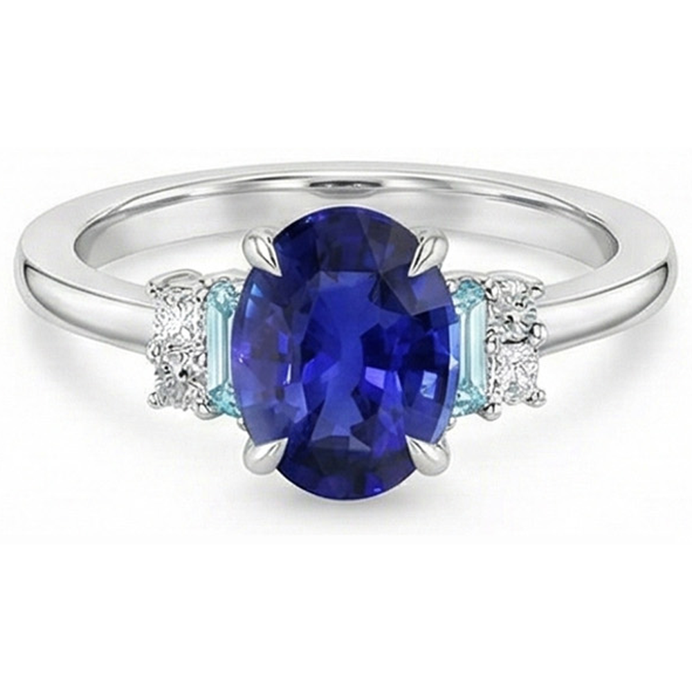 Natural Real ( Not Lab Grown )  Oval Gemstone Ring Ceylon Sapphire Jewelry With Accents 4 Carats Gold