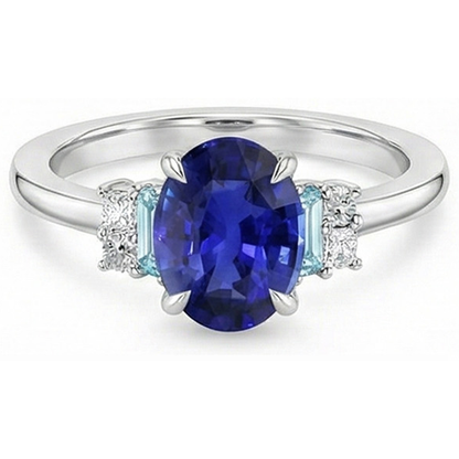 Natural Real ( Not Lab Grown )  Oval Gemstone Ring Ceylon Sapphire Jewelry With Accents 4 Carats Gold