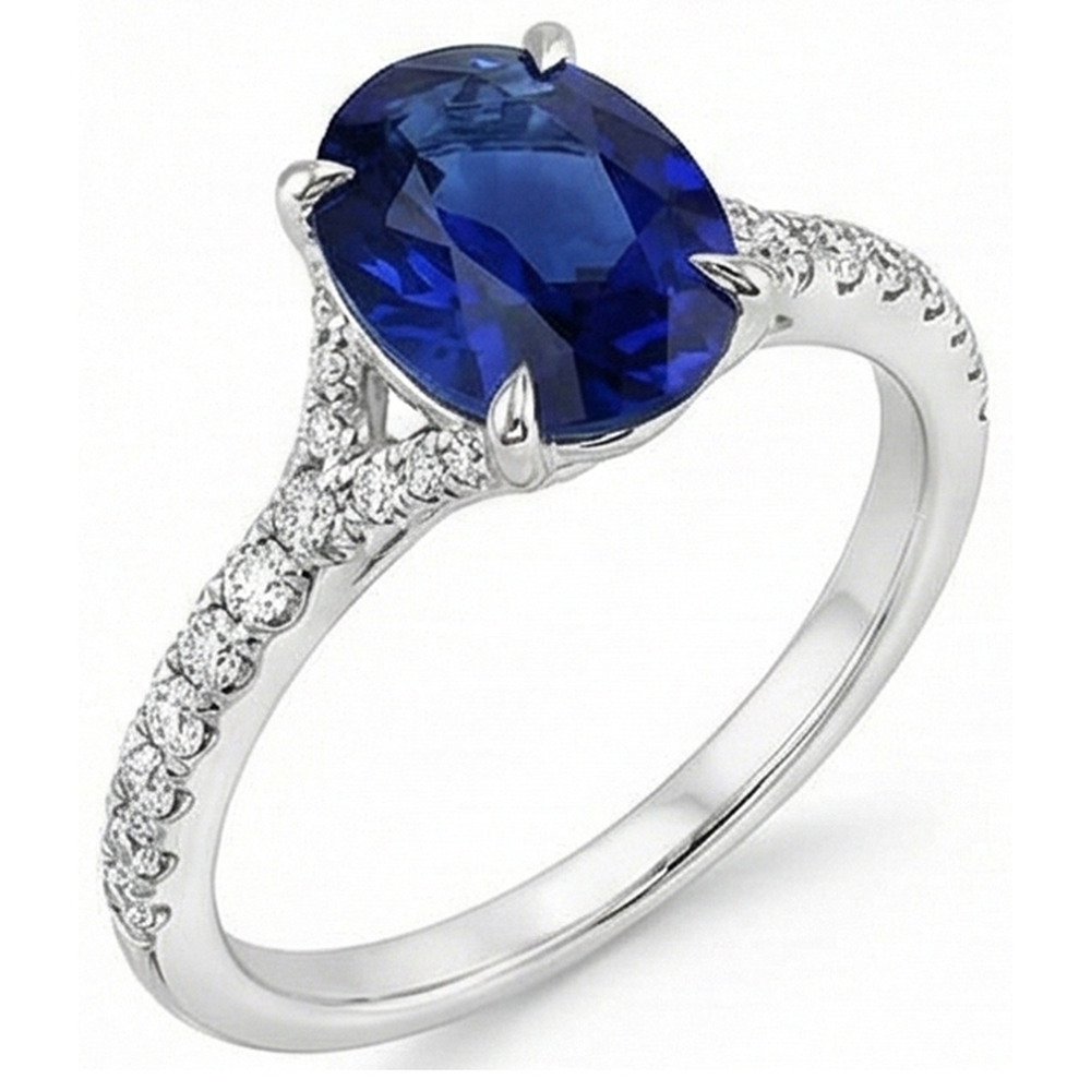 Natural Real ( Not Lab Grown )  Oval Gemstone Ring Deep Blue Sapphire With Accents Jewelry 3.75 Carats