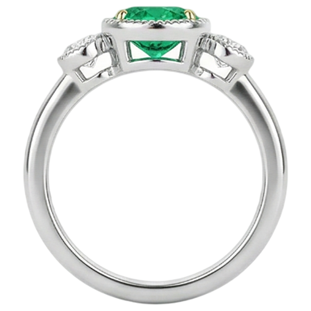 Natural Real ( Not Lab Grown ) Oval Green Emerald GIA And Diamond Ring 3 Stone Milgrain