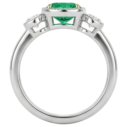 Natural Real ( Not Lab Grown ) Oval Green Emerald GIA And Diamond Ring 3 Stone Milgrain