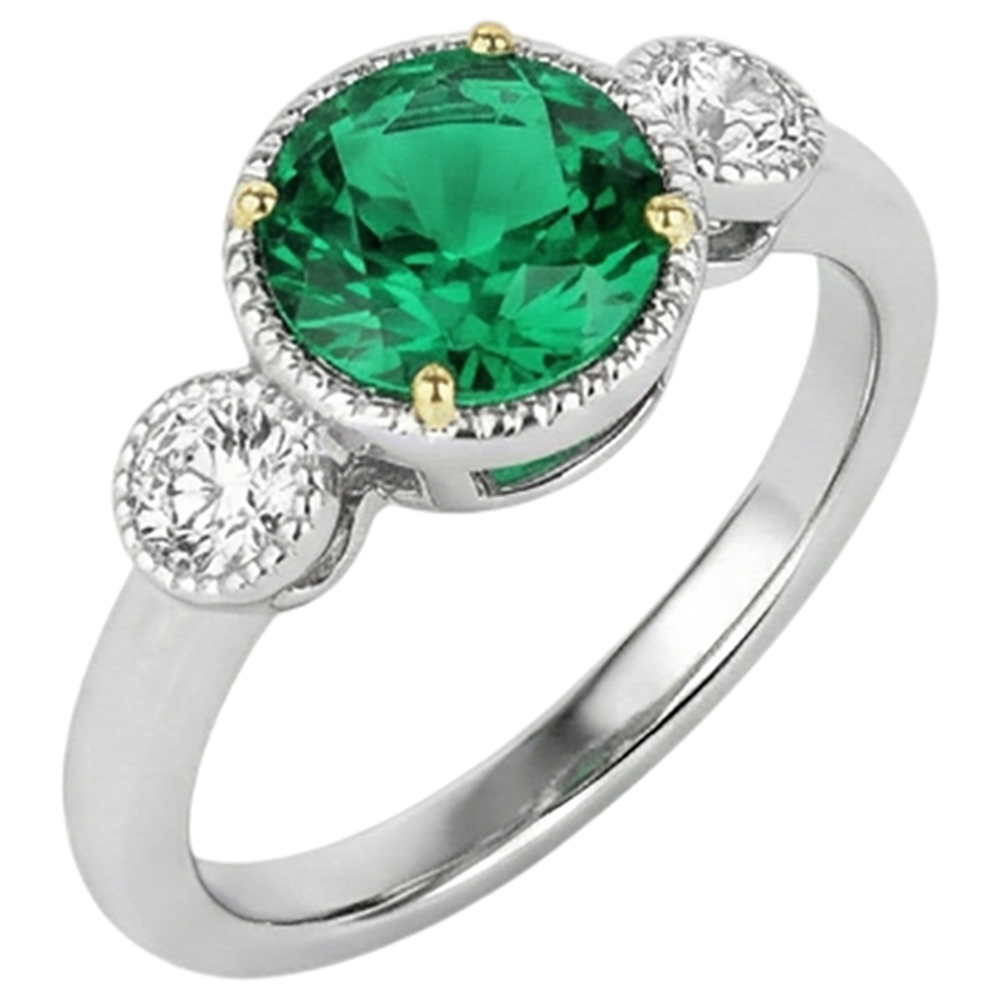 Natural Real ( Not Lab Grown ) Oval Green Emerald GIA And Diamond Ring 3 Stone Milgrain