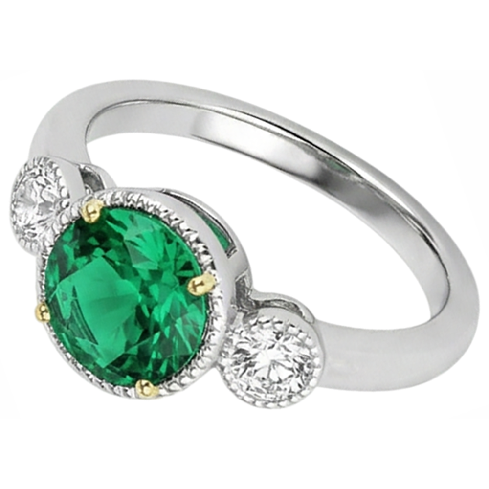 Natural Real ( Not Lab Grown ) Oval Green Emerald GIA And Diamond Ring 3 Stone Milgrain