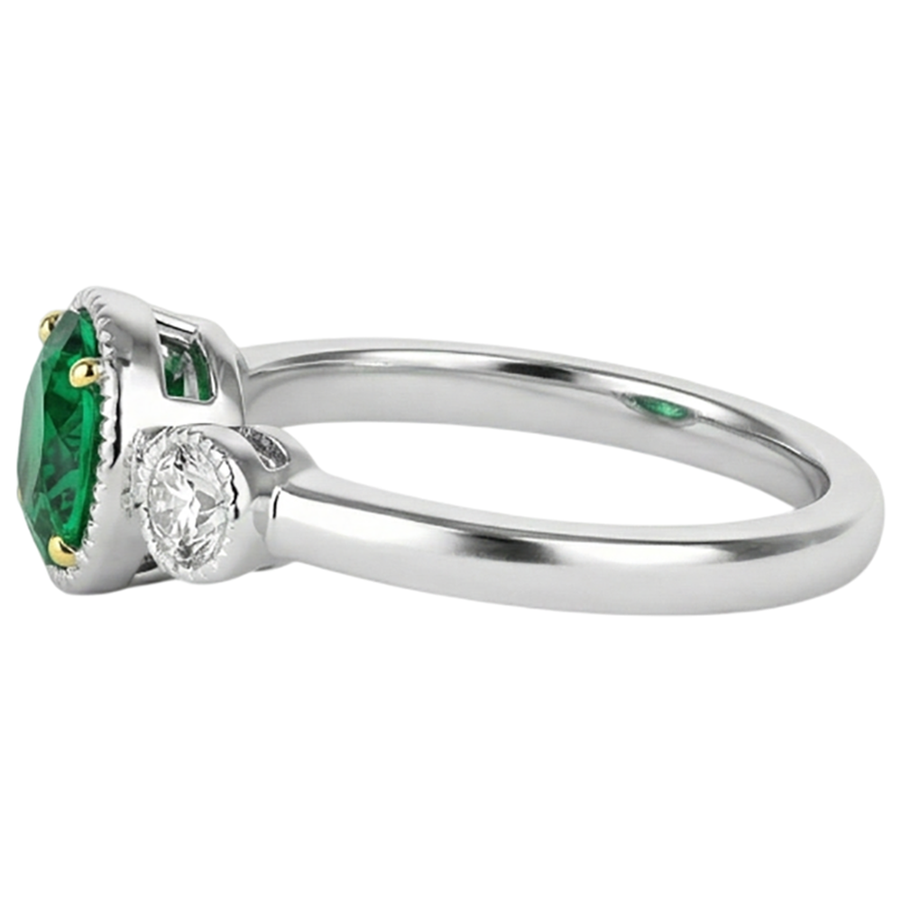 Natural Real ( Not Lab Grown ) Oval Green Emerald GIA And Diamond Ring 3 Stone Milgrain