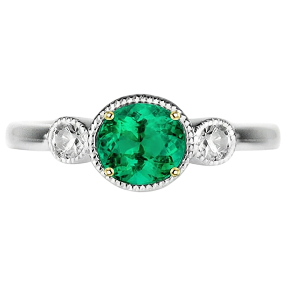 Natural Real ( Not Lab Grown ) Oval Green Emerald GIA And Diamond Ring 3 Stone Milgrain