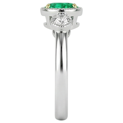 Natural Real ( Not Lab Grown ) Oval Green Emerald GIA And Diamond Ring 3 Stone Milgrain