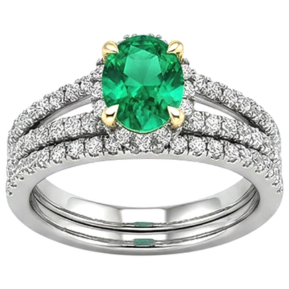Natural Real ( Not Lab Grown ) Oval Green Emerald GIA Diamond Bridal Ring Set Gemstone