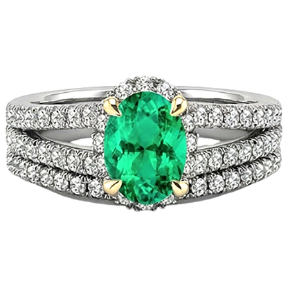 Natural Real ( Not Lab Grown ) Oval Green Emerald GIA Diamond Bridal Ring Set Gemstone
