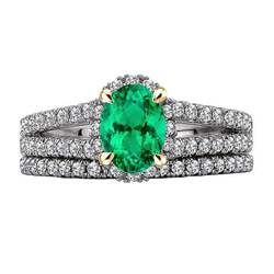 Oval Green Emerald Diamond Bridal Ring Set Gemstone