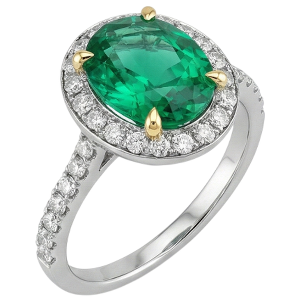 Natural Real ( Not Lab Grown ) Oval Green Emerald GIA Halo Ring Black, White, And Yellow Gold 14K