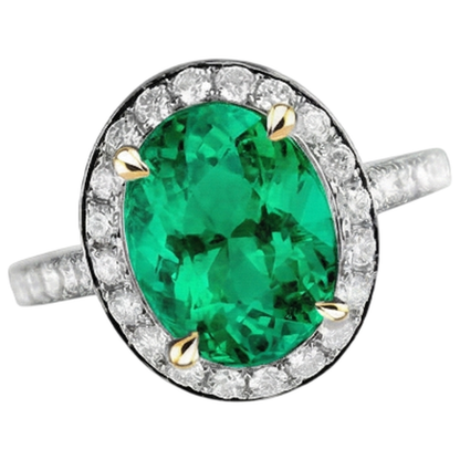 Natural Real ( Not Lab Grown ) Oval Green Emerald GIA Halo Ring Black, White, And Yellow Gold 14K