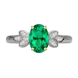 Oval Green Emerald Ring With Marquise Diamonds Bezel Set