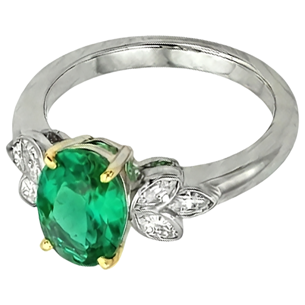 Natural Real ( Not Lab Grown ) Oval Green Emerald GIA Ring With Marquise Diamonds Bezel Set