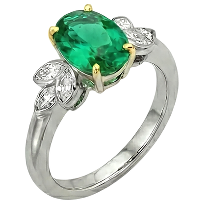 Natural Real ( Not Lab Grown ) Oval Green Emerald GIA Ring With Marquise Diamonds Bezel Set