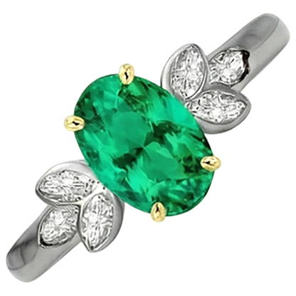 Natural Real ( Not Lab Grown ) Oval Green Emerald GIA Ring With Marquise Diamonds Bezel Set