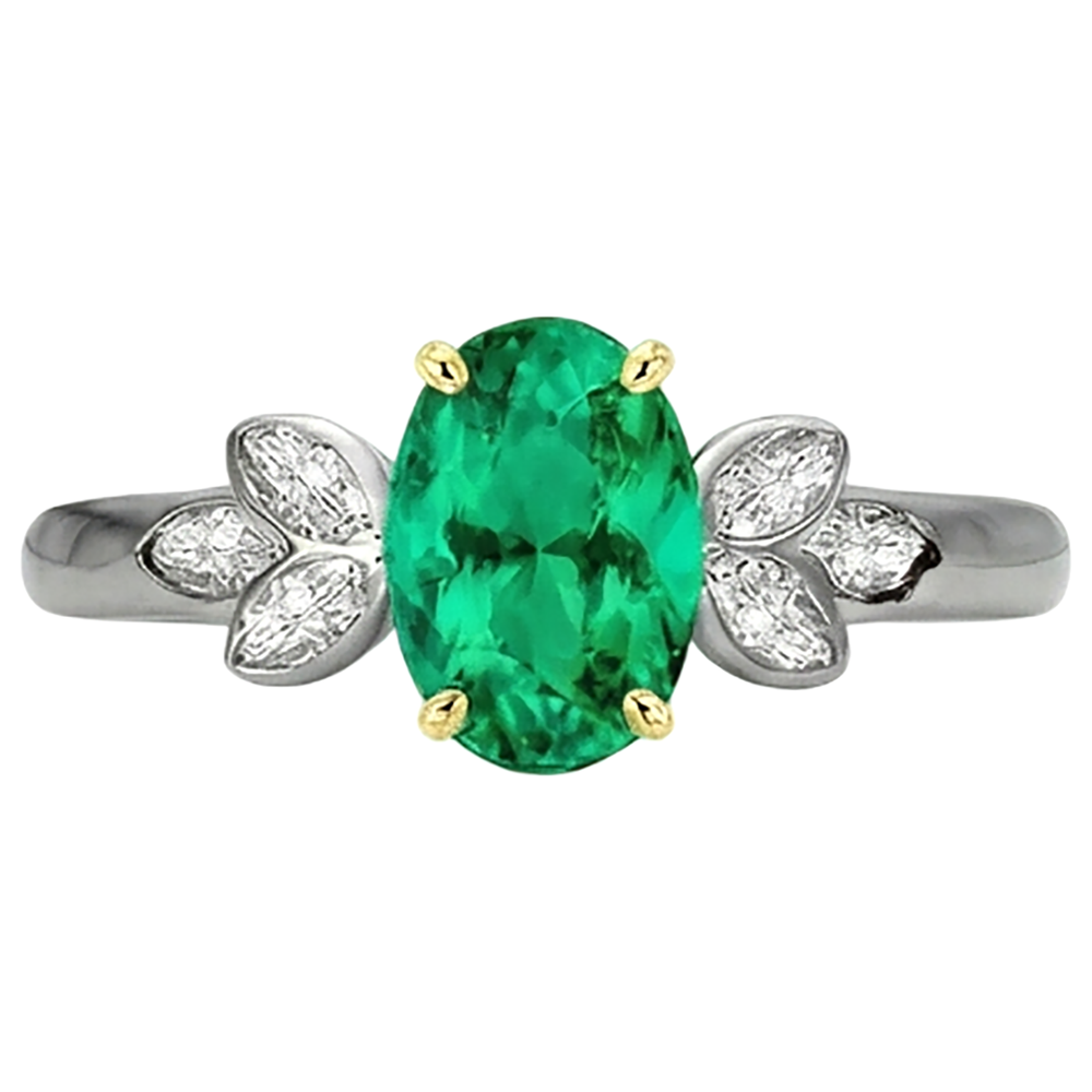 Natural Real ( Not Lab Grown ) Oval Green Emerald GIA Ring With Marquise Diamonds Bezel Set