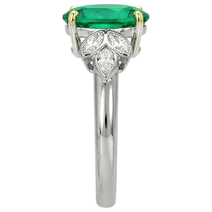 Natural Real ( Not Lab Grown ) Oval Green Emerald GIA Ring With Marquise Diamonds Bezel Set