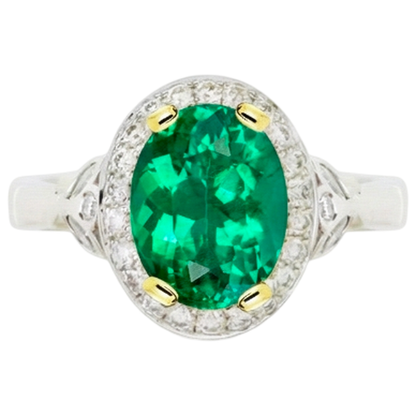 Natural Real ( Not Lab Grown ) Oval Green Emerald GIA Vintage Style Wedding Ring