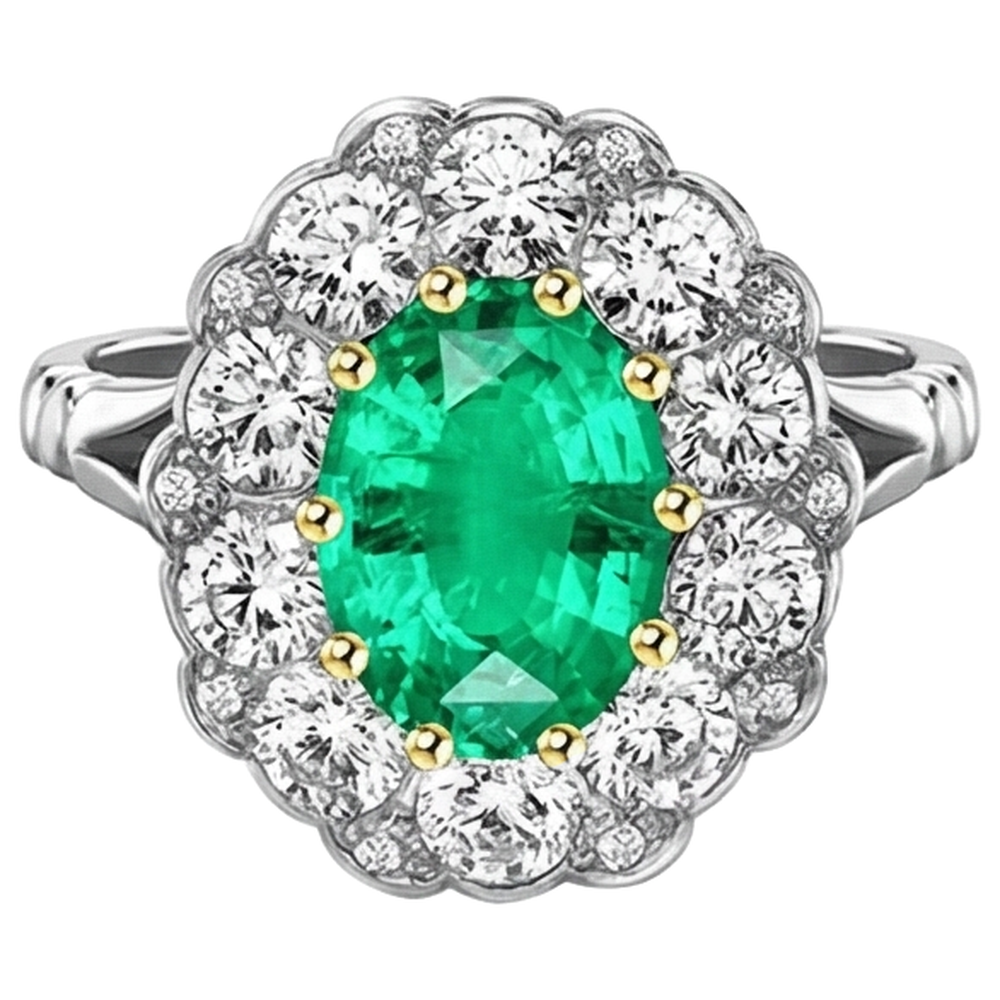 Natural Real ( Not Lab Grown ) Oval Halo Ring Green Emerald GIA Diamonds Round Cut