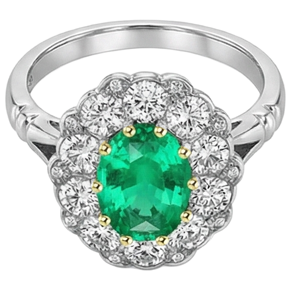 Natural Real ( Not Lab Grown ) Oval Halo Ring Green Emerald GIA Diamonds Round Cut