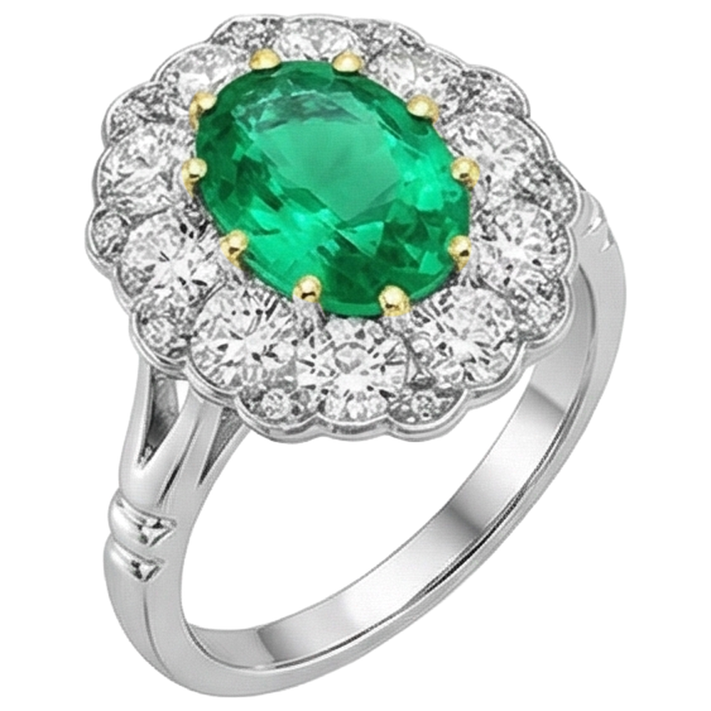 Natural Real ( Not Lab Grown ) Oval Halo Ring Green Emerald GIA Diamonds Round Cut