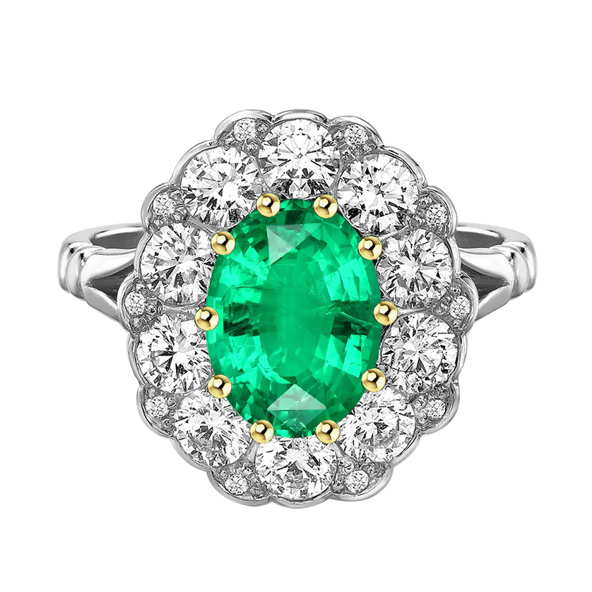 Oval Halo Ring Green Emerald Diamonds Round Cut