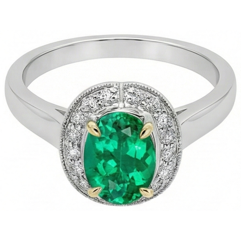 Natural Real ( Not Lab Grown ) Oval Halo Ring Green Emerald GIA Ladies Gold Jewelry