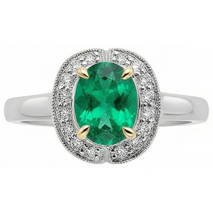 Natural Real ( Not Lab Grown ) Oval Halo Ring Green Emerald GIA Ladies Gold Jewelry