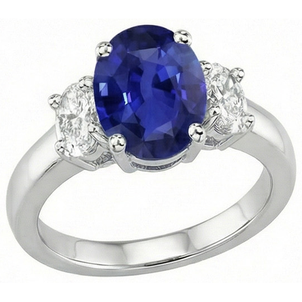 Oval Natural Earth Mined Diamond 3 Stone Ring White Gold Ceylon Sapphire Gemstone 5 Carats