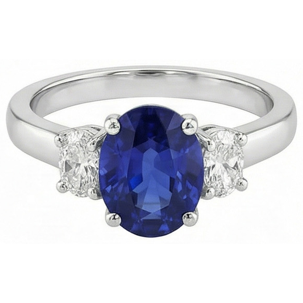 Oval Natural Earth Mined Diamond 3 Stone Ring White Gold Ceylon Sapphire Gemstone 5 Carats