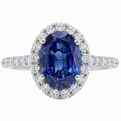 Oval Natural Earth Mined Diamond Halo Ring Blue Sapphire Accented White Gold 5.50 Carats