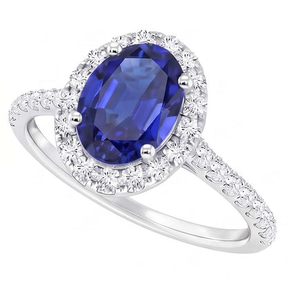 Oval Natural Earth Mined Diamond Halo Ring Blue Sapphire Accented White Gold 5.50 Carats