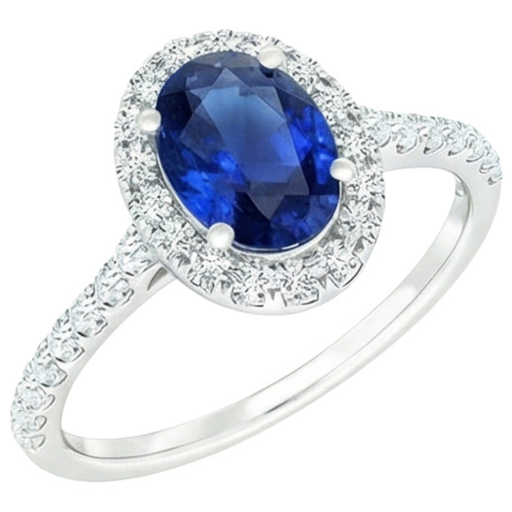 Oval Natural Earth Mined Diamond Halo Ring Blue Sapphire With Accents 6 Carats White Gold