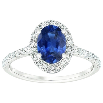 Oval Natural Earth Mined Diamond Halo Ring Blue Sapphire With Accents 6 Carats White Gold