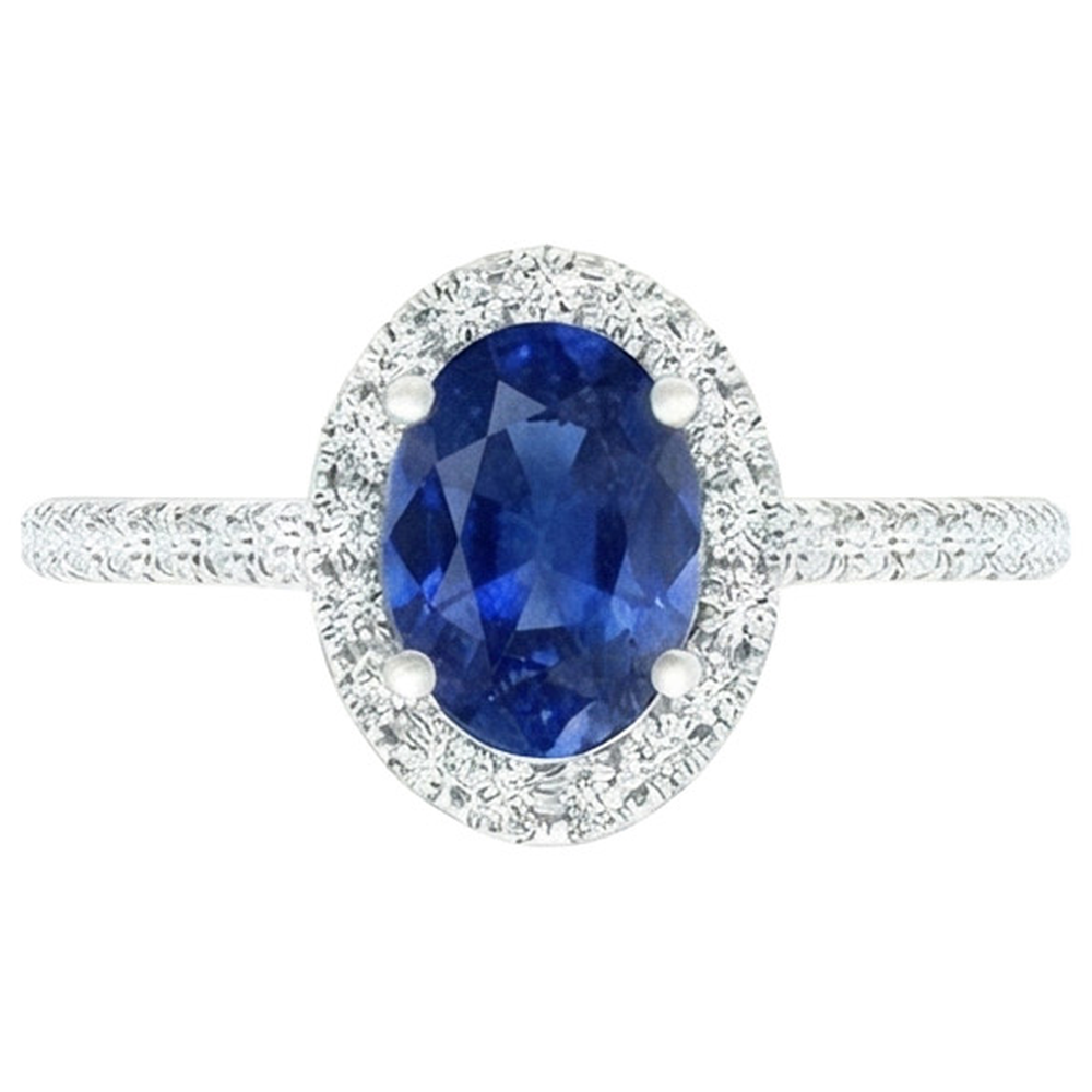 Oval Natural Earth Mined Diamond Halo Ring Blue Sapphire With Accents 6 Carats White Gold