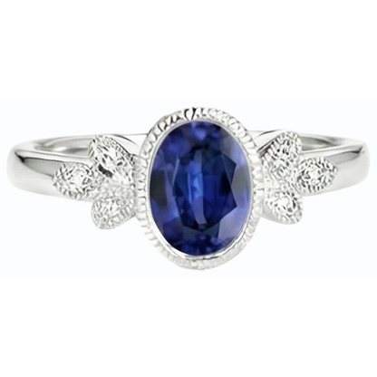 Oval Natural Earth Mined Diamond Ring Bezel Set Blue Sapphire 3 Carats Antique Style Gold