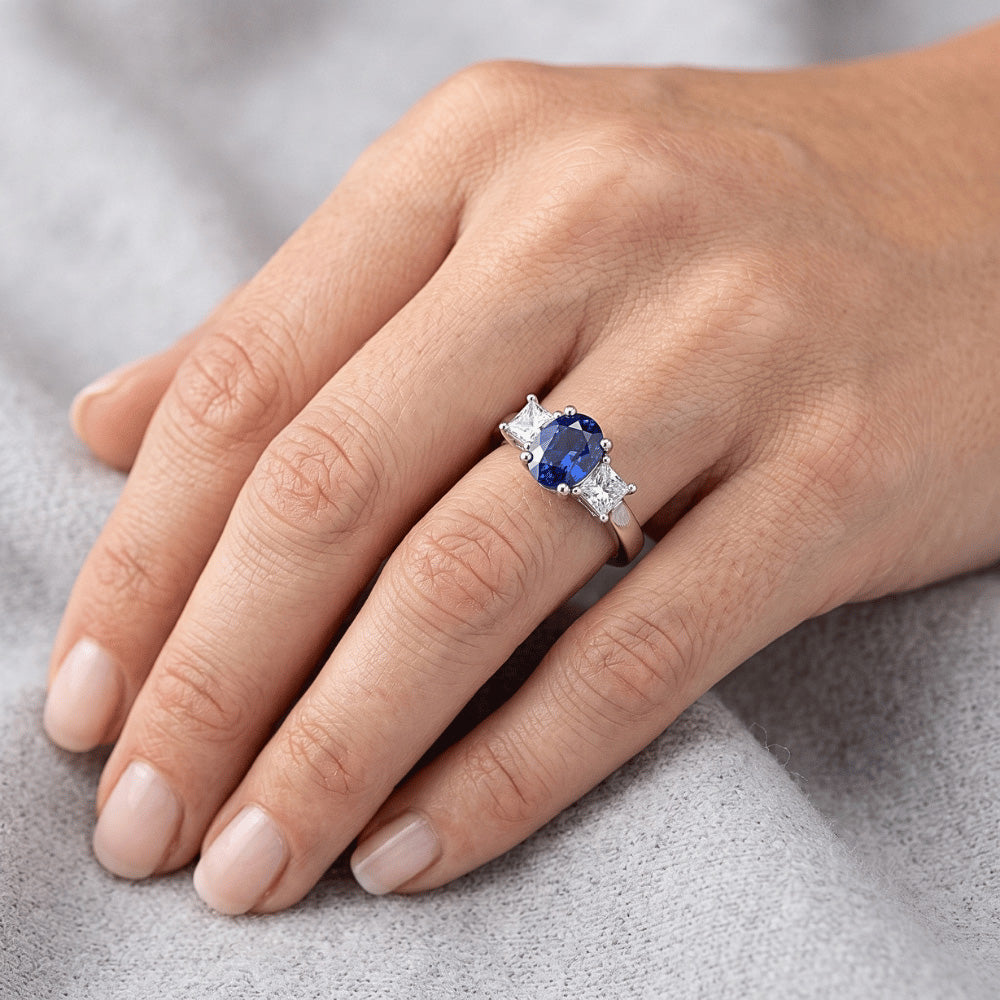 Oval Princess Cut 2.25 Ct Ceylon Sapphire Natural Earth Mined Diamonds Ring White Gold 14K